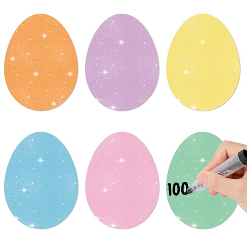 Image of Easter Glitter Egg Cutouts - 100Pcs Colorful Solid Egg Shape Paper Cutouts Bulk Spring Paper Die Cut with Glue Points for Kids Party Classroom Sunday School Bulletin Board Decor Craft Project Supplies