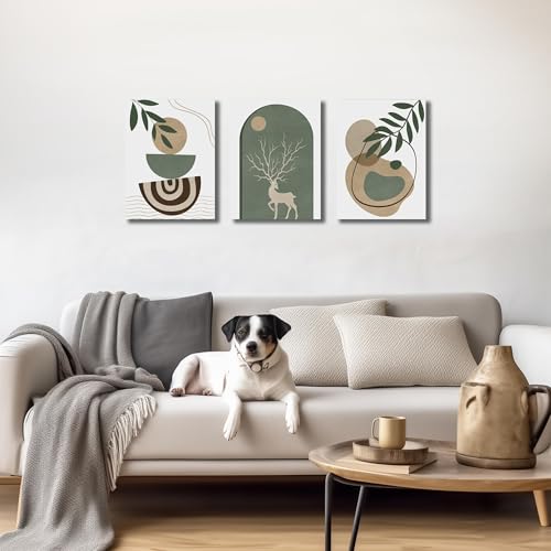 Image of Boho Sun Canvas Wall Art Set of 3, Neutral Abstract Minimalismt Bohemian Geometric & Botanical Plants Pictures Prints Artwork Paintings Wall Decor for Bedroom Living Room Home Decoration 12x16 inches