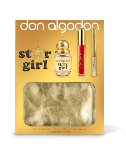 Set de Regalo Star Girl de Don Algodón. Incluye la fragancia Star Girl 30 ml, un 3D Lipgloss rojo, un eyeliner glitter y un neceser metalizado
