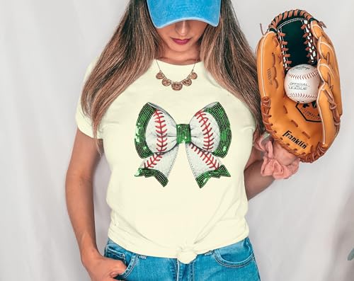 Camiseta feminina de beisebol com laço de beisebol, com lantejoulas, bordada, beisebol, mãe, listrad