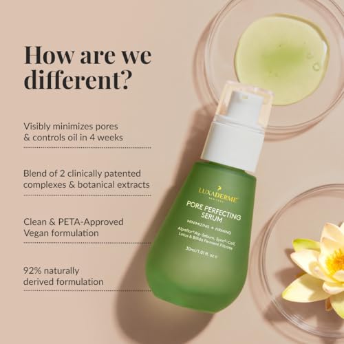 Image of LuxaDerme Pore Perfecting Korean Face Serum with Lotus Water, Galactomyces & Bifida Ferment | Clinically Proven Patented Actives to Minimize Pores, Control Oil & Sebum, Reduce Acne & Anti-Aging | Vegan Korean Skincare for Men & Women | 30ml