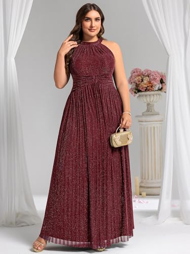 Image of Ever-Pretty Plus Women's Floor Length A-Line Halter Sleeveless Pleated Glitter Plus Size Formal Dress Evening Gown