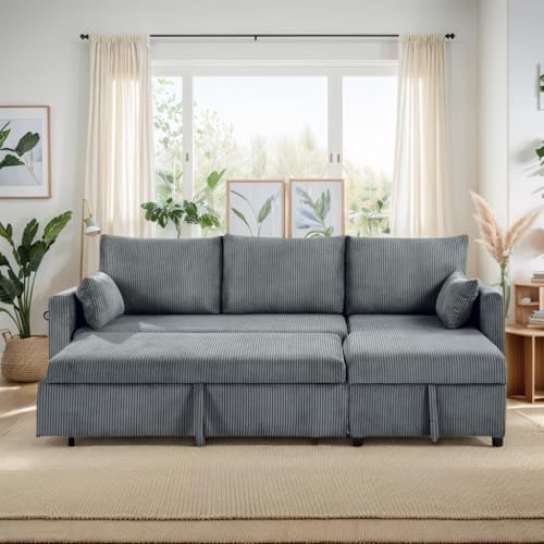 Trygoal 85" 3 Seats Sectional Sleeper Sofa with 3 in 1 Pull Out Bed, Gray image 6