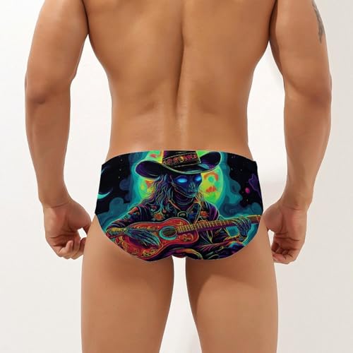 Psychedelic Aliens Playing Guitar Printed Swim Briefs for Men Sexy Bikini Swimwear Elastic Beach Trunks Bathing Suit3