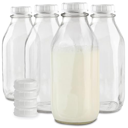Stock Your Home Liter Glass Milk Bottle With Lid (4 Pack) 32 Oz Jugs And 8 White Caps, Reusable Food Grade Container For Refrigerator, Juice, Oat Or Plant Milks, Water, Honey