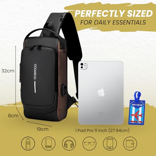 Image of OCEANEVO Stylish Anti Theft Crossbody Sling Bag for Men WITH Luggage Tag, Chest Bag for Travel WITH Lock and USB Charging Port