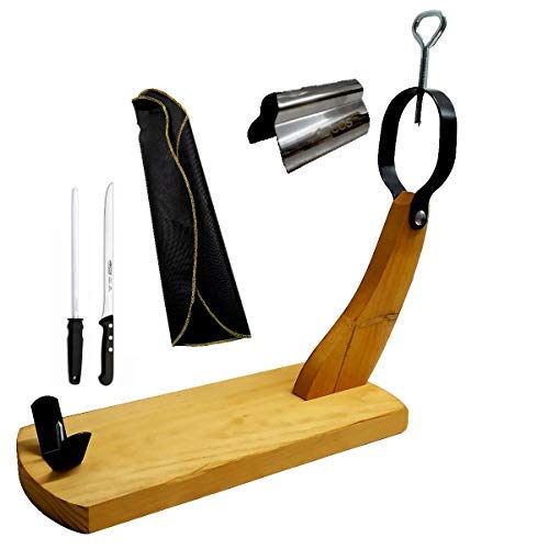 Oltre al porta prosciutto, il kit contiene tutto il necessario per tagliare il prosciutto. Morsetto, coltello da prosciutto e affilatrice. Tutto questo è realizzato in acciaio inossidabile di alta qualità e prodotto ad Albacete.