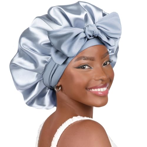 YANIBEST Adjustable Satin Bonnet for Sleeping Women Double Layer Hair Wrap Reduce Friction Prevent Frizz Natural Curly Hair Blue