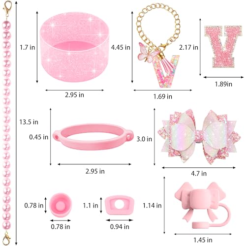 Hpebl 9PCS Pink for Stanley Cup Accessories Set Bling Initials Bow Charms for Stanley Decorations 30/40 Oz Tumbler Accessories Including Bow Straw Topper, Handle Strap, Spill Stopper（Letter V） - image 3