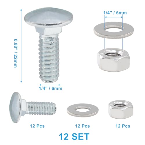 Image of 12 Sets 1 /4-20 x 3 /4 Inch Carriage Bolt Kit, Carbon Steel Carriage Bolts Galvanized Carriage Bolt Assortment, Round Head Carriage Screws with Hex Nuts and Flat Washers Full Thread Coverage