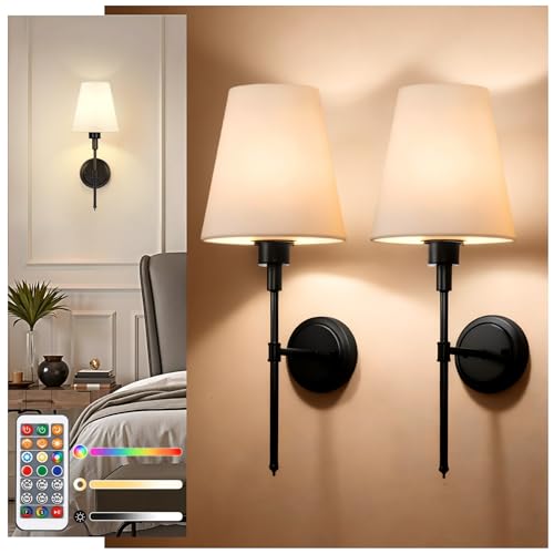 Image of DORESshop Battery Operated Wall Sconce Set of 2, Wall Light Wireless Easy to Install, Dimmable and Adjustable Sconces Wall Decor, Rechargeable Wall Lamp for Bedroom, Living Room, Black 20.7in