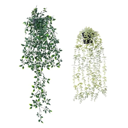 Freyalife 2pcs Fake Hanging Plants for Room Decor, Artificial Potted Plants for Aesthetic Office Living Bedroom Kitchen Patio Bathroom Bookshelf Indoor Outdoor Decor