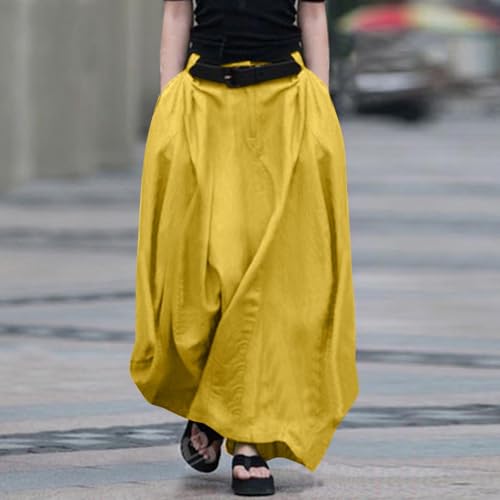Women's High Waist A-Line Maxi Skirt, Solid Color Basic Lightweight Casual Skirts Flowy Loose Clothes with Pockets2