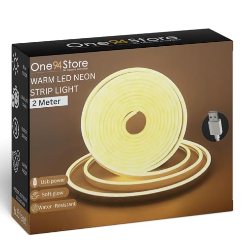 One94Store LED Neon Strip Light 2M – USB Powered, Flexible Waterproof Rope Light DC 5V with Button Switch | Ambient LED Lighting for Home, Bedroom, DIY Decor, Party & Gaming Room (Warm White)
