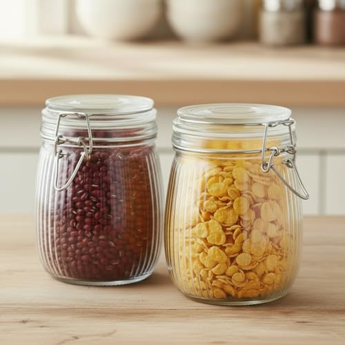 Image of ginoya brothers Airtight Glass jar with lid Storage Containers,Glass Canister, Mason Jars, Small Striped Clip Fastening Jar for Kitchen Canning, Overnight Oats, Pickle, Spice. (2, 750 ML)