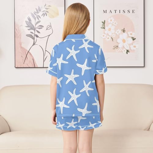 Blue Simple Starfish Pattern Summer Satin Pajama Set, Cute Button-Down Sleepwear Pj Set for Sleep Wears4
