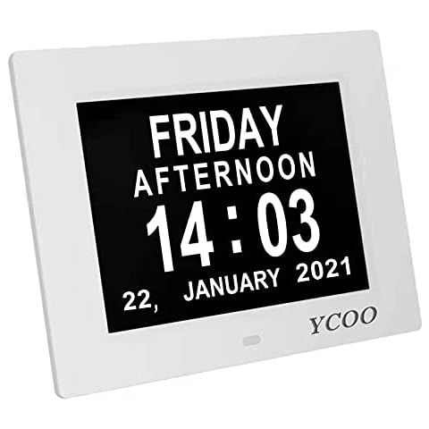 Dementia Clocks 7 Inches Calendar Clocks Day Date Clock Digital Clock with Large Clear Digits Display, Alarm Clock With HD Digital Photo Frame (7 Inches White) Cover