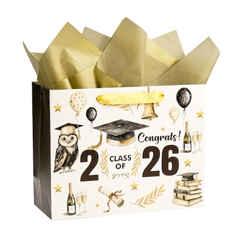 LeZakaa Bolsa de presente de formatura de 33 cm, design de coruja preta e dourada da classe de 2026 com papel de seda, bolsa de presente de parabéns para festa de formatura da faculdade, 33 x 25 x