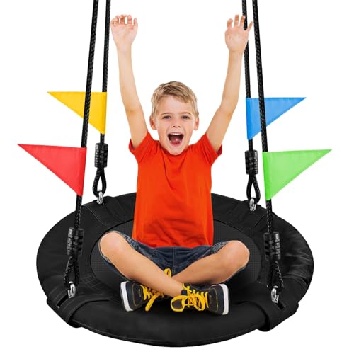 Odoland 24 inch Children Tree Swing, Outdoor Small Saucer Swings Platform for Kid, Round Flying wirh Adjustable Hanging Ropes for Backyard, 220lb Weight Capacity Great for 1-2 Kids (Black)
