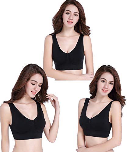 PRETTYWELL Sleep Bra for Women, Seamless Wireless Stretchy Sports Bra, Pack of 3 or 1, with Removable Pads, 3 Pack Black XL