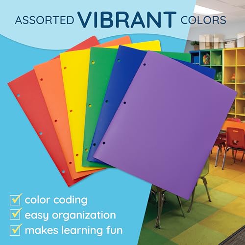 Blue Summit Supplies 6 Pack Multicolor Plastic Folders with Pockets 3 Hole Punched, Plastic Pocket Folders for 3 Ring Binder and Business Card Slot for School, Home, and Work
