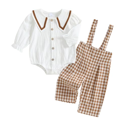 Newborn Baby Girl Fall Outfit Linen Button Long Sleeve Bubble Romper Plaid Overall Suspenders Pants Clothes Set