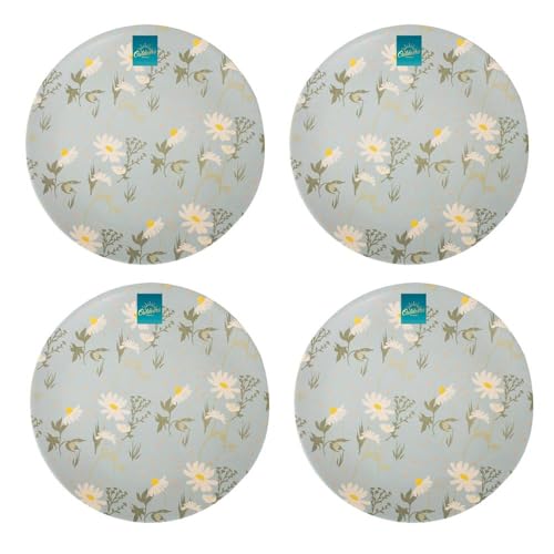 YöL Set of 4 Daisy Print Melamine Dinner Plates Summer Dining Outdoor Picnic BBQ Blue Floral Trendy Tableware Reusable
