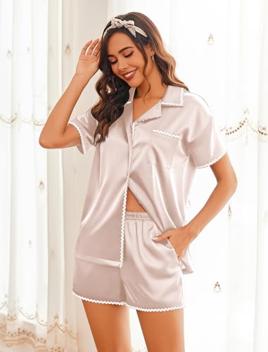 Image of Ekouaer Womens Silk Pajama Sets 2 Piece Satin Pj Set Button Down Shirt and Shorts Lounge Sets Classic with Pockets