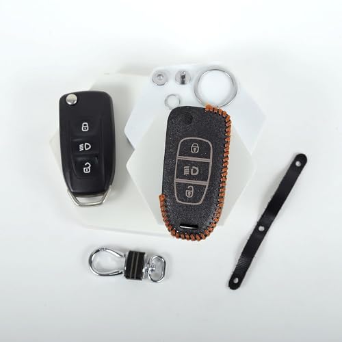 Image of Leather Smart Car Key Cover Case with Metal Hook Keychain for Tata Tigor, Bolt, Nexon, Hexa, Zest, Tiago (Black)