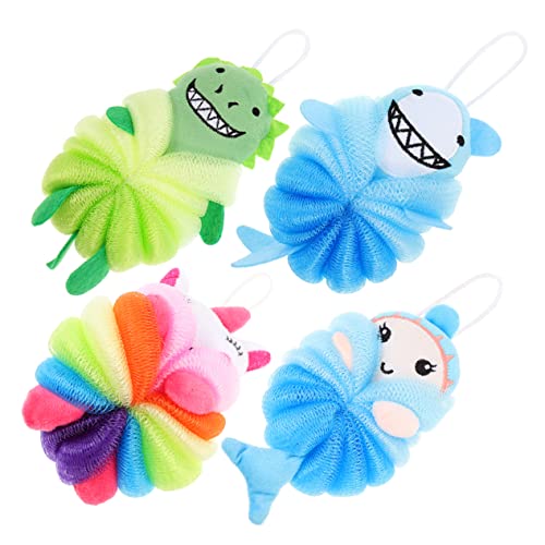 NULYLU 4個子供用カートゥーン入浴ボール ボディスクラバー シャワーボール お風呂用 洗浄スティック 柔らかい肌に優しいデザイン 子供の