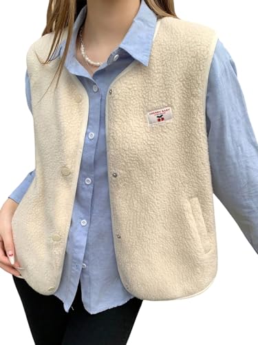 GORGLITTER Chaleco para mujer, sin mangas, ligero, chaleco de peluche, chaleco de forro polar, chaqueta de entretiempo, chaqueta de invierno con bolsillos, chaleco de peluche, monocolor, Blanco, S