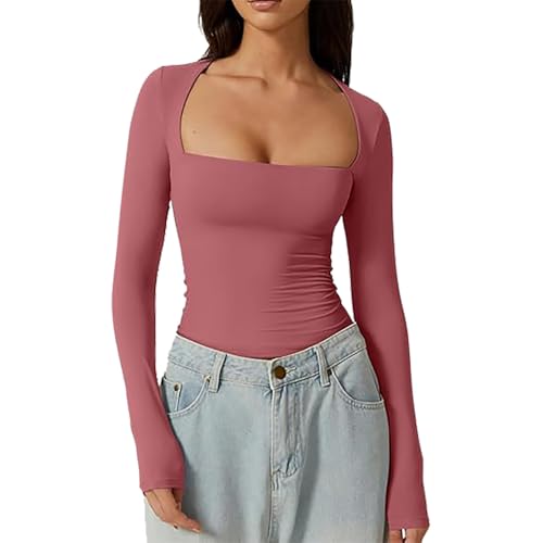 Camisa sexy de cuello cuadrado para niña, abrigo de otoño, camiseta de manga larga, Color rojo., M