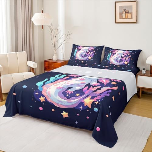 Image of jejeloiu Cute Axolotl Bed Sheets Set Queen Size Cartoon Pink Axolotl Bed Set for Kids Boys Girls Romantic Deep Pocket Fitted Sheet Breathable Soft Lightweight Microfiber