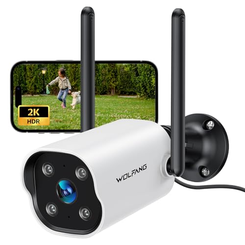 WOLFANG Camara Vigilancia WiFi Exterior, 2K Seguridad Camaras Vigilancia Domicilio WiFi 2,4G con Visión Nocturna Color, Detección de Movimiento, Sirena, Audio Bidireccional, IP65