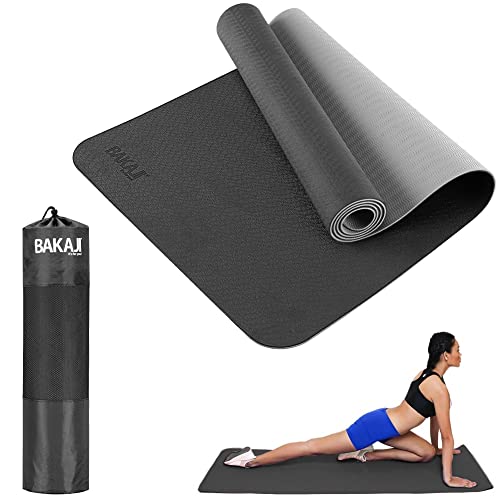 BAKAJI Tappetino Yoga in TPE Ecologioco Doppio Strato Antiscivolo Alta Densità Materassino Tappeto Allenamento Fitness Aerobica Palestra Ginnastica Dimensione 180 x 61 cm con Custodia (Nero/Grigio)