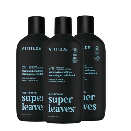 Image of ATTITUDE Men's Shampoo and Conditioner 2-in-1, Scalp Care for Build Up & Oily Hair, 97% Natural Origin Ingredients, EWG Verified, Eucalyptus & Sage, 14 Fl Oz (Pack of 3)