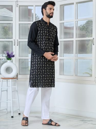 Image of See Designs Men's Full Sleeve Mandarin Collar Ethnic Motifs Embroidered Sequinned Mandarin Collar Straight Long Kurta with Pyjama - Festive Collection