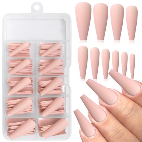 AddFavor 100pcs Long Coffin Press on Nails Nude Baby Pink Fake Nails Matte Long Ballerina Full Cover Nail Acrylic False Nail Tips for Women and Girls