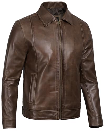 Image of Blingsoul Vintage Distressed Leather Jacket for Men - Shirt Collar Genuine Lambskin Mens Leather Jacket