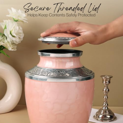 Image of ALPHA Living HOME Cremation Urn for Women Decorative Urn for Human Ashes Woman Men Large up to 220 lbs Decorative Memorial Funeral Burial Urn for Ashes Male Female Dad Mom (Pink Silver)
