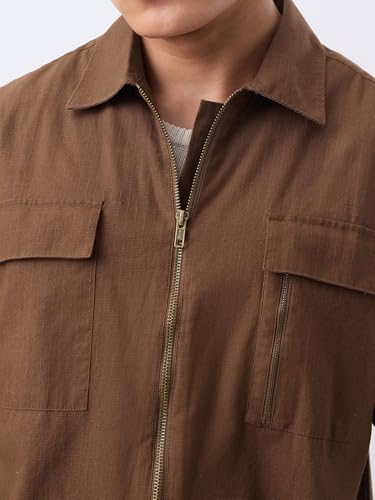 Image of The Souled Store Zipper Shirt: Men and Boys Short Sleeve Spread Collar Zipper Front Solid Textured Regular Fit Casual Easy to Style Everyday Office Wear Cotton Shirt
