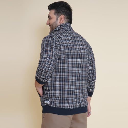 Image of JOHN PRIDE Plus Size Men Regular Checked Navy Blue Front-Open Mock Collar Sweatshirt(JPSWT75203)