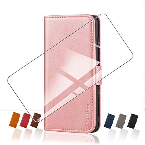 Wallet Case for TCL 20E + Tempered Glass Screen Protector, HHUAN Flip Folio Leather Phone Cover [Stand and Magnetic] for TCL 20E (6.52