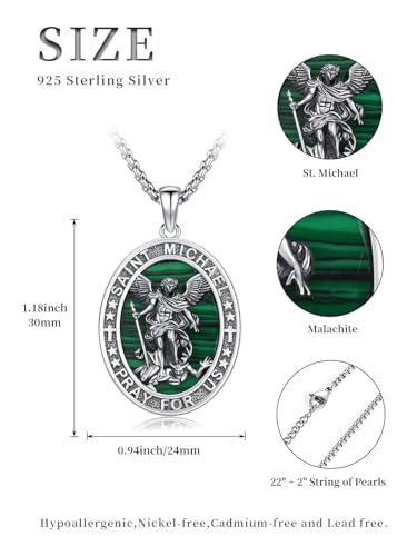 Midir&Etain St. Michael Necklace 925 Sterling Silver White Gold/Malachite/Black Gold/Abalone/Gold Archangel Amulet Jewelry Gift 22" + 2" String of Pearls4
