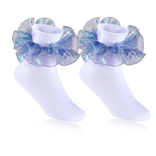 6 Pairs Girls White Ruffle Socks Toddler Big Double Shimmering Lace Turn Cuff Dress Socks2