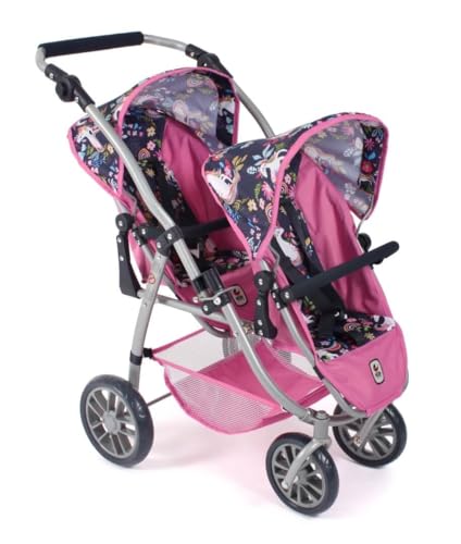 Bayer Chic 2000 Passeggino per bambole Vario, passeggino gemellare per due bambole, passeggino tandem per bambini dai 4 agli 8 anni, unicorno, rosa navy, 689-43