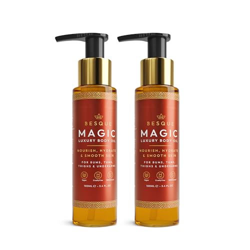 Besque Magic Body Oil 3.4 FL OZ After Shower Body Oil For Women Hydrating Skin Care For Full Body That Plumps Tightens and Firms Skin With Natural Ingredients Made In UK - Pack of 2