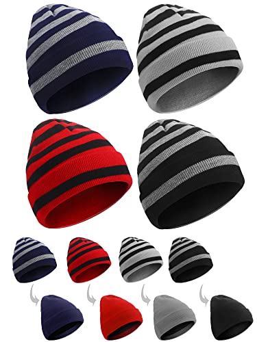 4 Stück wendbare Strickmütze gestreifte doppelseitige Mütze Kappe Winter weich warm Beanie Strick Bündchen Totenkopf Mütze für Männer Frauen Teenager, Schwarz, Grau, Dunkelrot, Einheitsgröße Cover