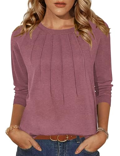 Zeagoo Shirt Langarm Damen Rundhals T-Shirts Einfarbig Casual Oberteile Herbst und Winter Falten Bluse Basic Tee Tops Rosa M
