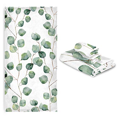 Oyihfvs Watercolor Eucalyptus Round Leaves Branches Seamless Set Of 3 Highly Soft Absorbent Towels, 1 Bath Towel, 1 Hand Towel, 1 Face Washcloth Print For Spa Bathroom Hotel Kitchen Beach Gym #TOP6